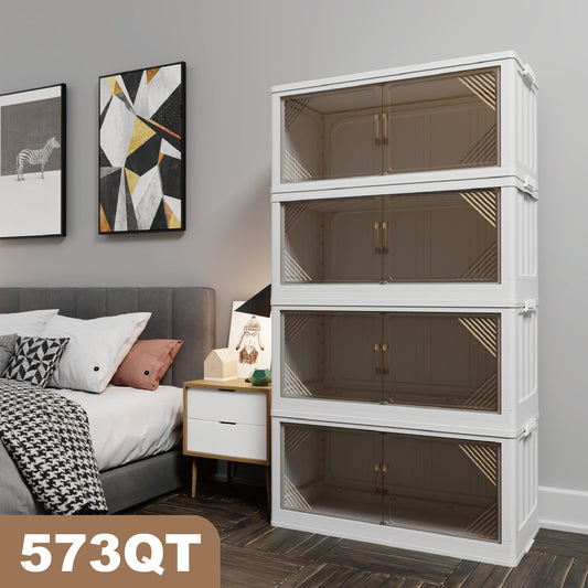 573QT 4-Pack 35.4'' Wide Transparent Plastic Storage Cabinets for Closet Organizers and Storage, Folding Storage Box, Stackable Storage Bins with Open Front Door