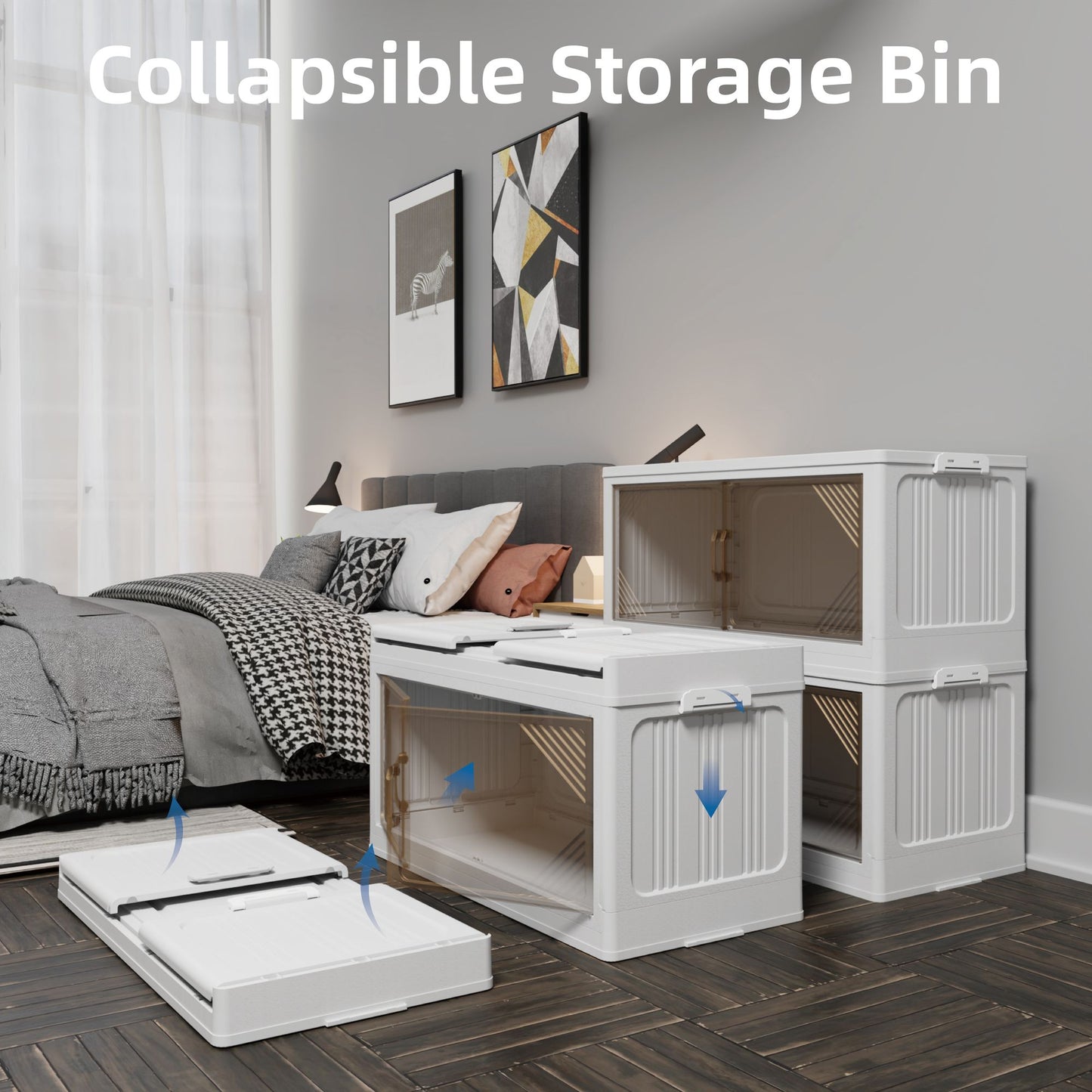 573QT 4-Pack 35.4'' Wide Transparent Plastic Storage Cabinets for Closet Organizers and Storage, Folding Storage Box, Stackable Storage Bins with Open Front Door