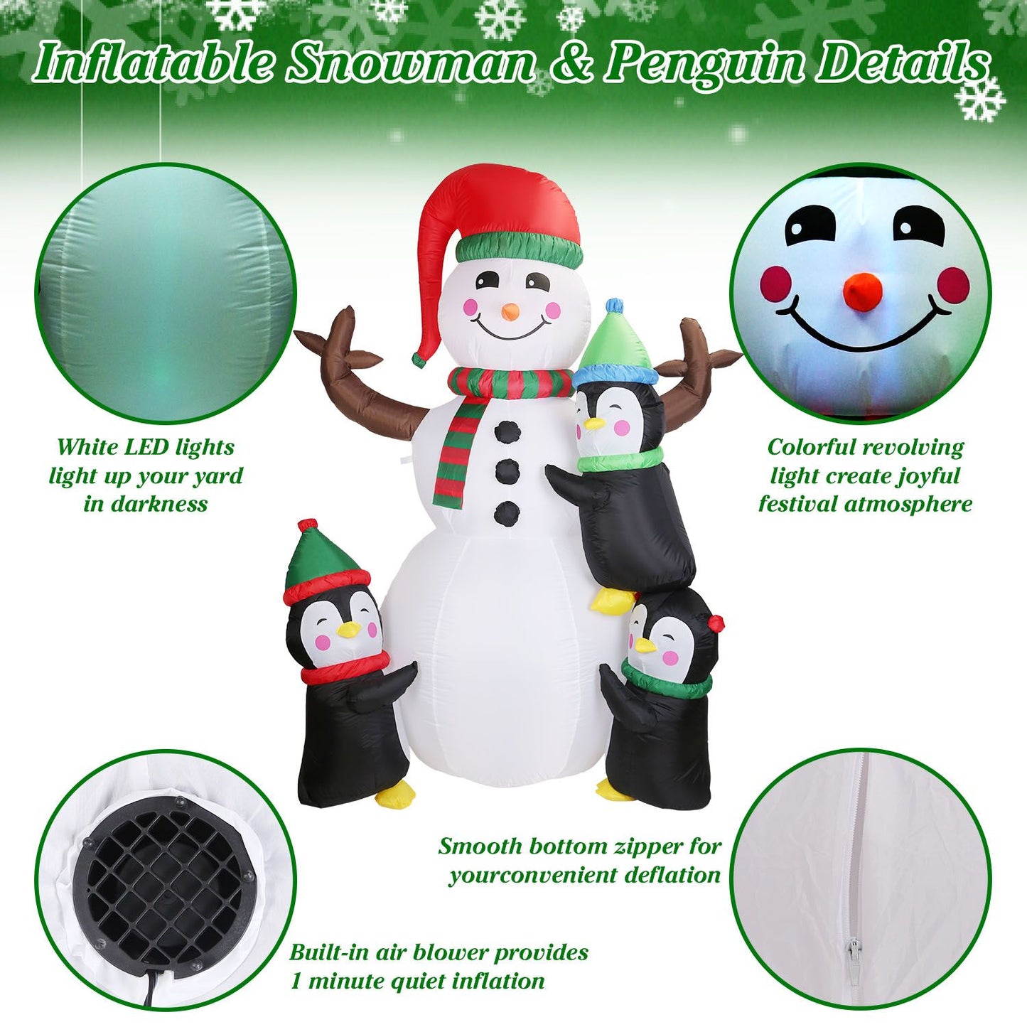 5.9FT Christmas Inflatable Decoration - Snowman & 3 Penguins with 5 LED Lights Includes Stakes/Ropes/Sandbags for Yard, Garden, Outdoor Indoor Decor