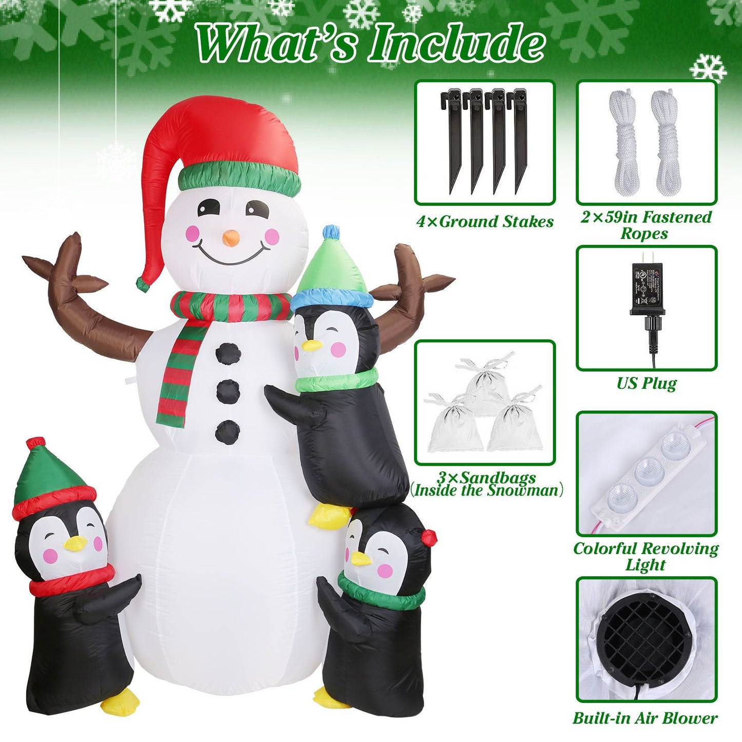 5.9FT Christmas Inflatable Decoration - Snowman & 3 Penguins with 5 LED Lights Includes Stakes/Ropes/Sandbags for Yard, Garden, Outdoor Indoor Decor