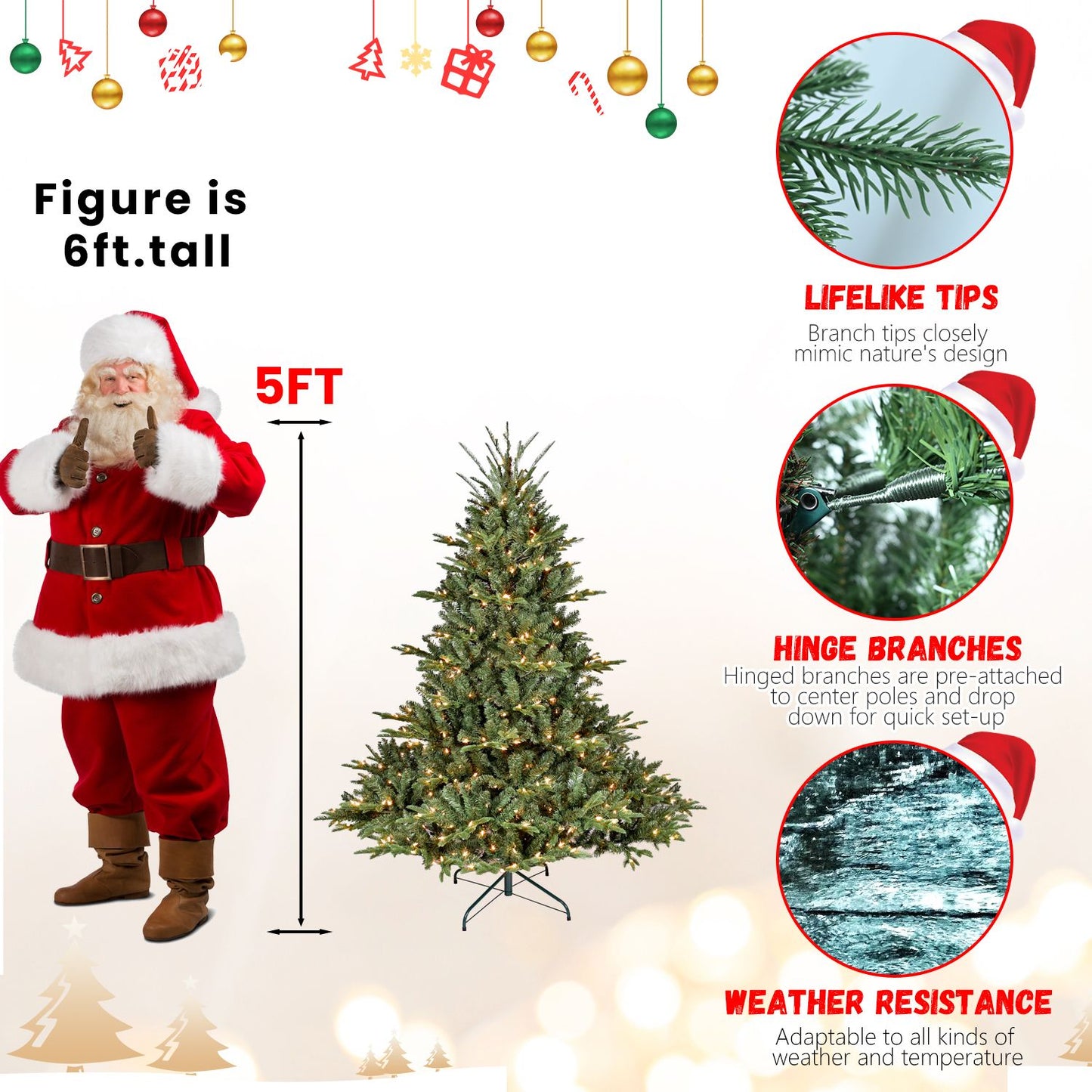 5FT Pre-Lit Christmas Tree, Artificial Fake Christmas Tree with 350 Lights, 1129 PE & PVC Mixed Branch Tips, Xmas Tree for Indoor and Outdoor Holiday Decoration