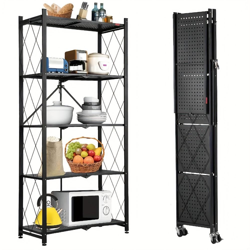5Tier Heavy Duty Foldable Metal Rack Storage Rack, Removable Organizing Rack with Wheels, Suitable for Garage Kitchen, Black Kitchen Storage Rack, Garage Storage Organizer Rack, All-In-One Storage