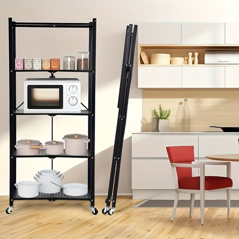 5Tier Heavy Duty Foldable Metal Rack Storage Rack, Removable Organizing Rack with Wheels, Suitable for Garage Kitchen, Black Kitchen Storage Rack, Garage Storage Organizer Rack, All-In-One Storage