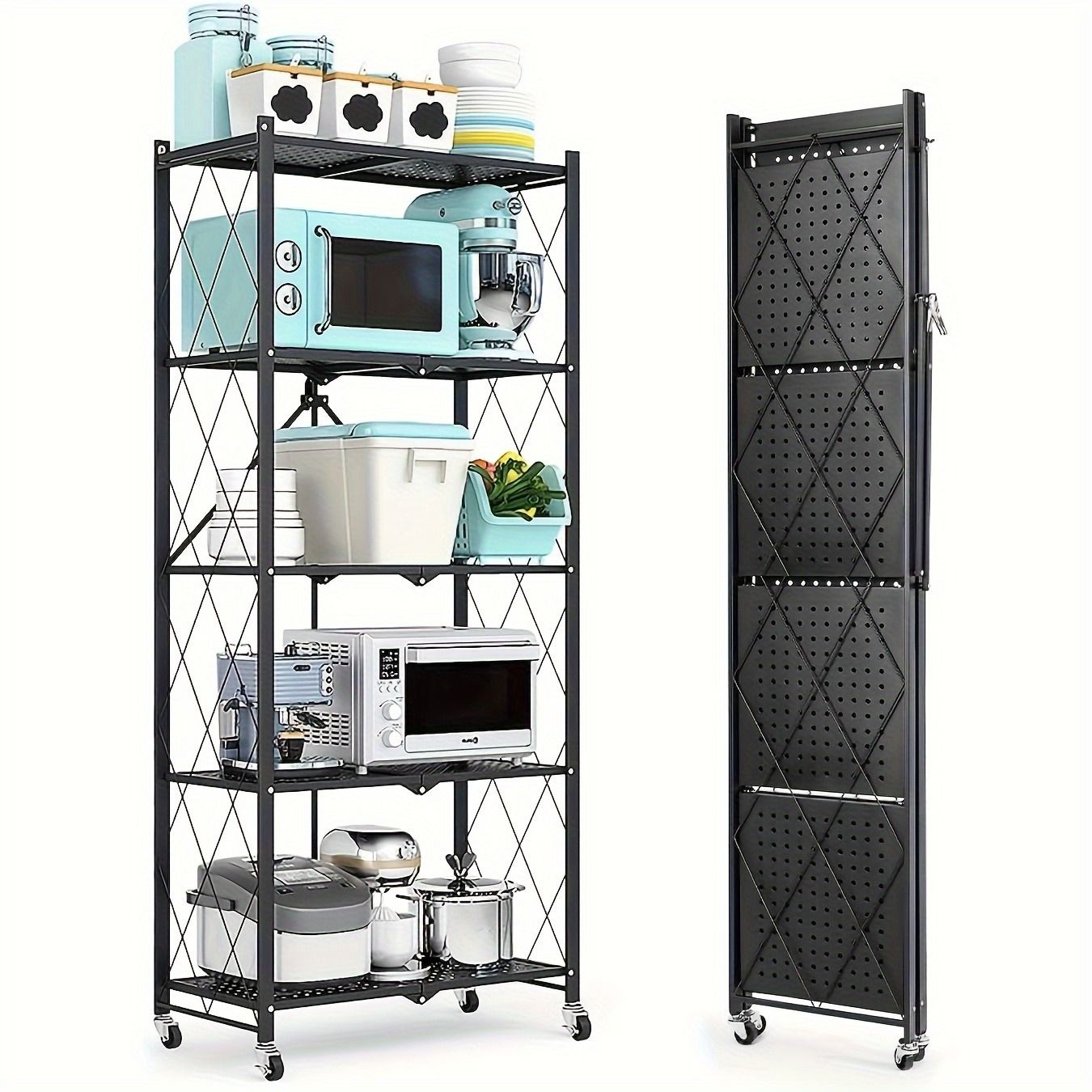 5Tier Heavy Duty Foldable Metal Rack Storage Rack, Removable Organizing Rack with Wheels, Suitable for Garage Kitchen, Black Kitchen Storage Rack, Garage Storage Organizer Rack, All-In-One Storage