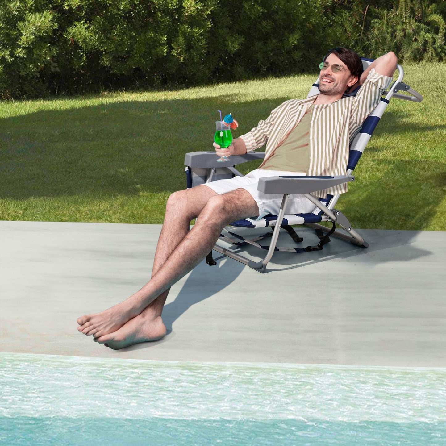 63*65*82cm Short Oxford Cloth Silver White Aluminum Tube Bearing 100kg Beach Chair Blue Stripes