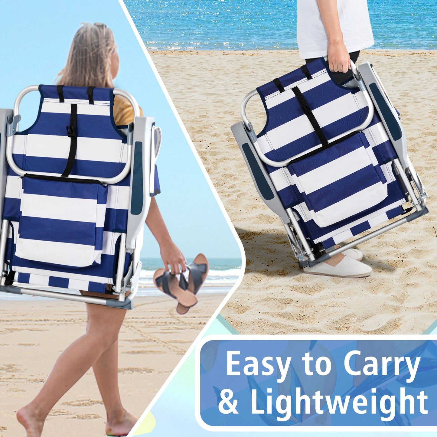 63*65*82cm Short Oxford Cloth Silver White Aluminum Tube Bearing 100kg Beach Chair Blue Stripes