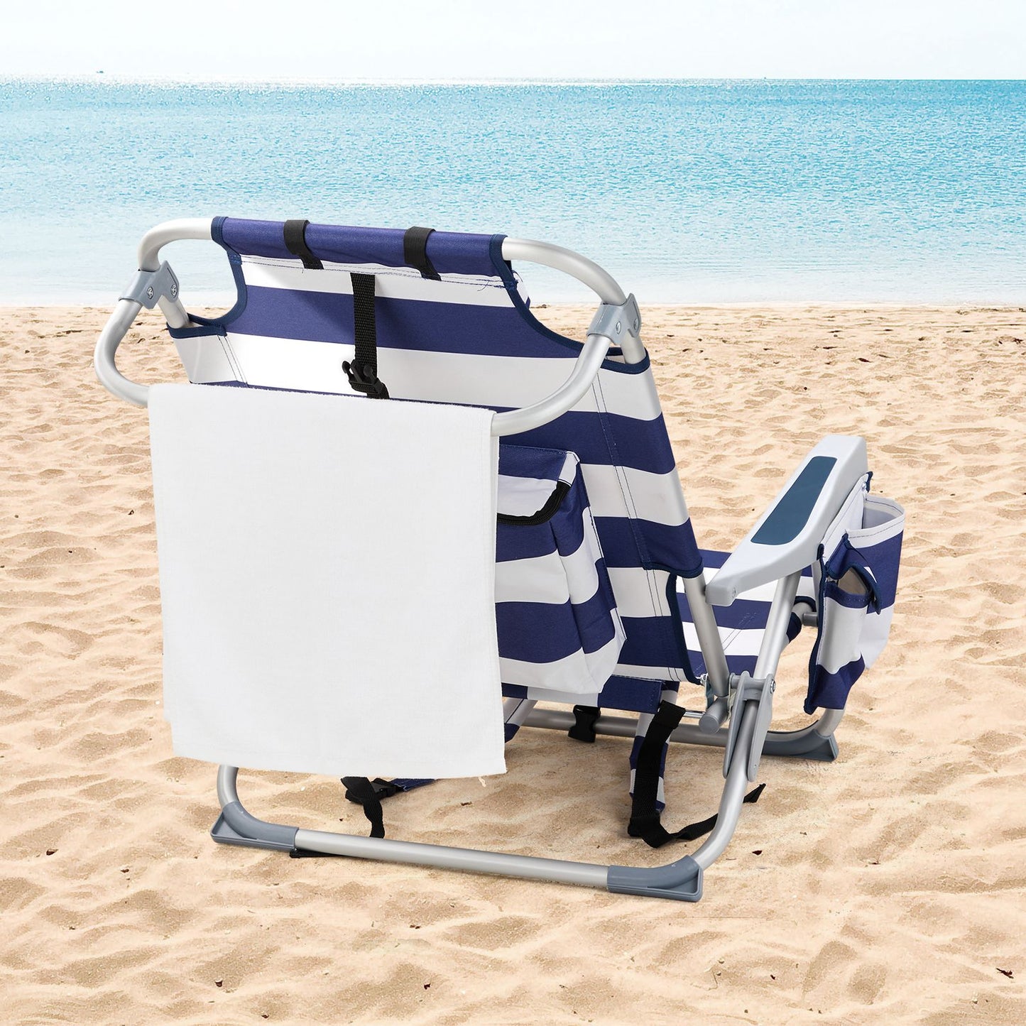 63*65*82cm Short Oxford Cloth Silver White Aluminum Tube Bearing 100kg Beach Chair Blue Stripes
