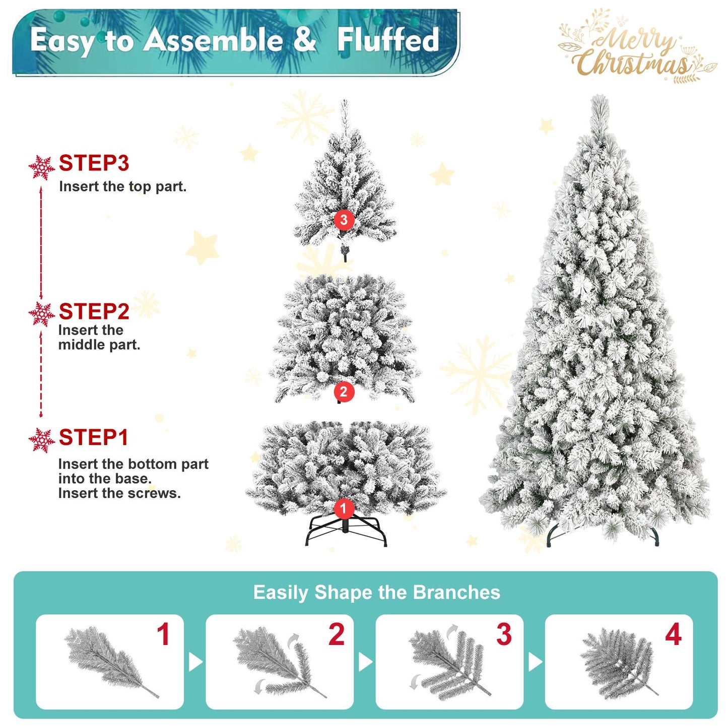 6ft Automatic PVC/Hard Needle Mixed  Flocked Tree With Lights Fireproof Artificial flocking Christmas Tree