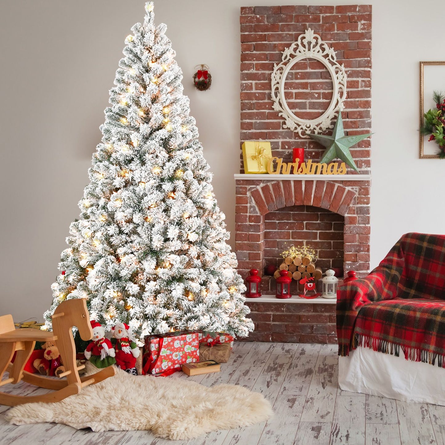 6FT Pre-Lit Flocked Christmas Tree with 250 Warm White Lights, Full White Christmas Tree with Premium PVC Branches,Realistic Snowy Look, Indoor Fake Snow Xmas Tree for Home Office Shops