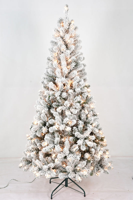 6FT Pre-Lit Flocked Christmas Tree with 250 Warm White Lights, Full White Christmas Tree with Premium PVC Branches,Realistic Snowy Look, Indoor Fake Snow Xmas Tree for Home Office Shops