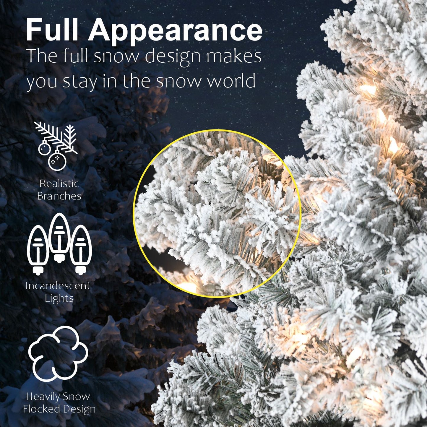 6FT Pre-Lit Flocked Christmas Tree with 250 Warm White Lights, Full White Christmas Tree with Premium PVC Branches,Realistic Snowy Look, Indoor Fake Snow Xmas Tree for Home Office Shops