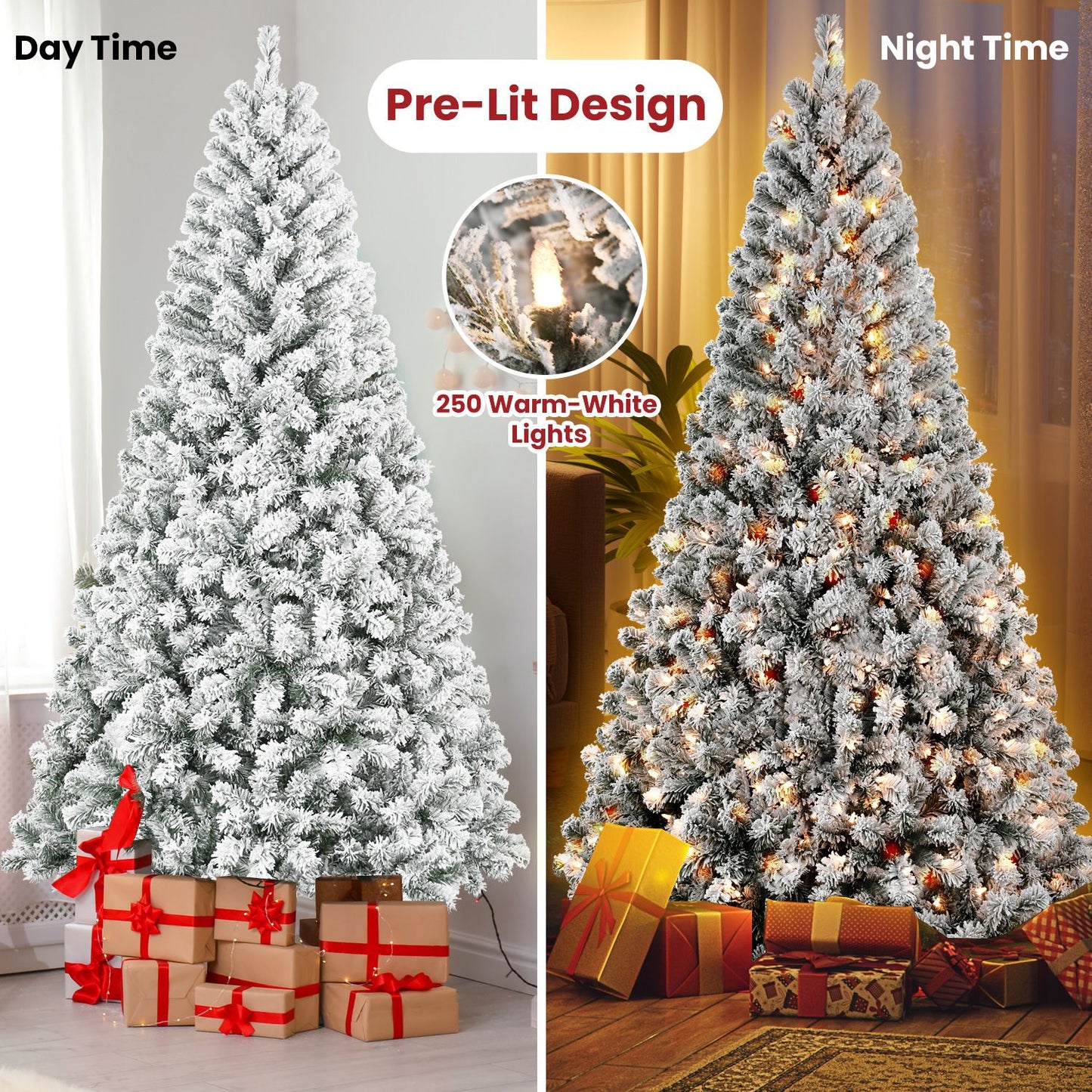 6FT Pre-Lit Flocked Christmas Tree with 250 Warm White Lights, Full White Christmas Tree with Premium PVC Branches,Realistic Snowy Look, Indoor Fake Snow Xmas Tree for Home Office Shops