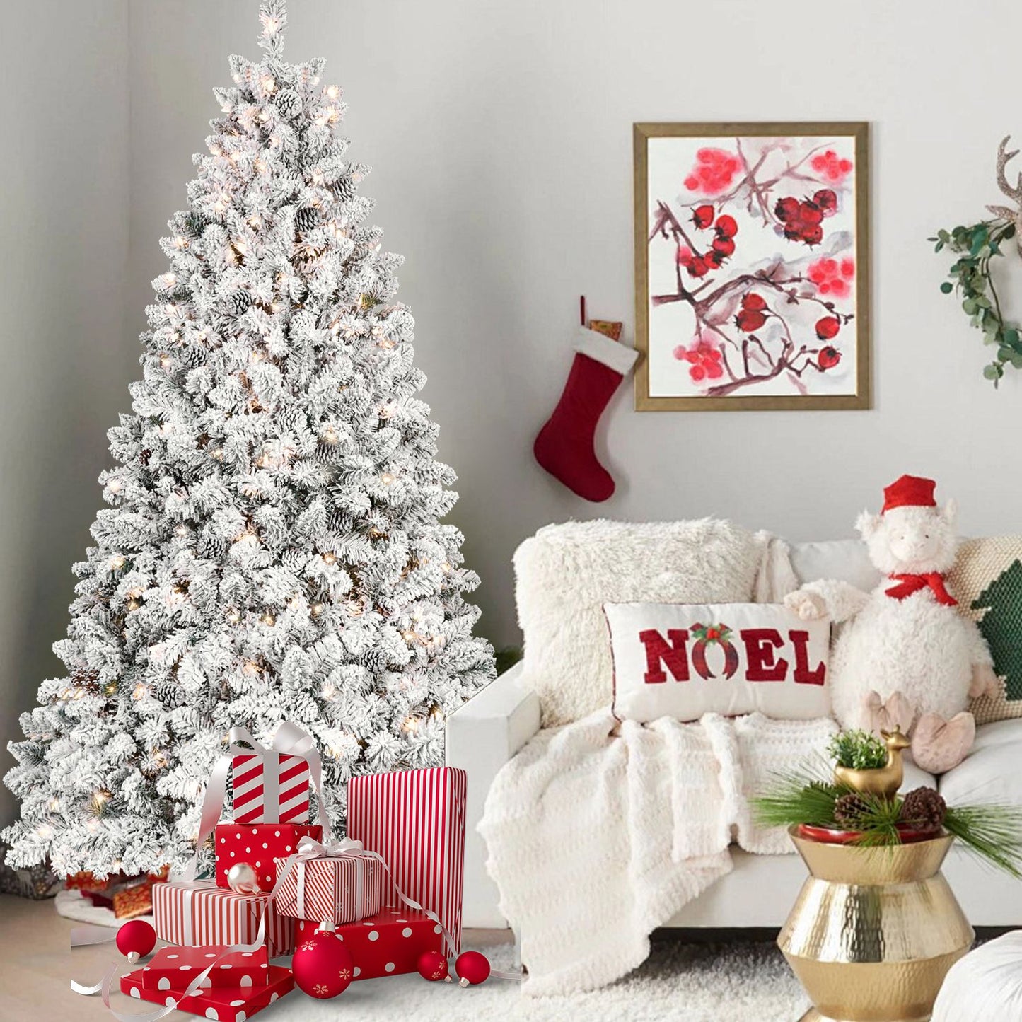 6ft Pre-lit Flocked Christmas Tree with 350 UL Lights & 36 Pine Cones & 888 Tips Snow Frosted Artificial Xmas Tree