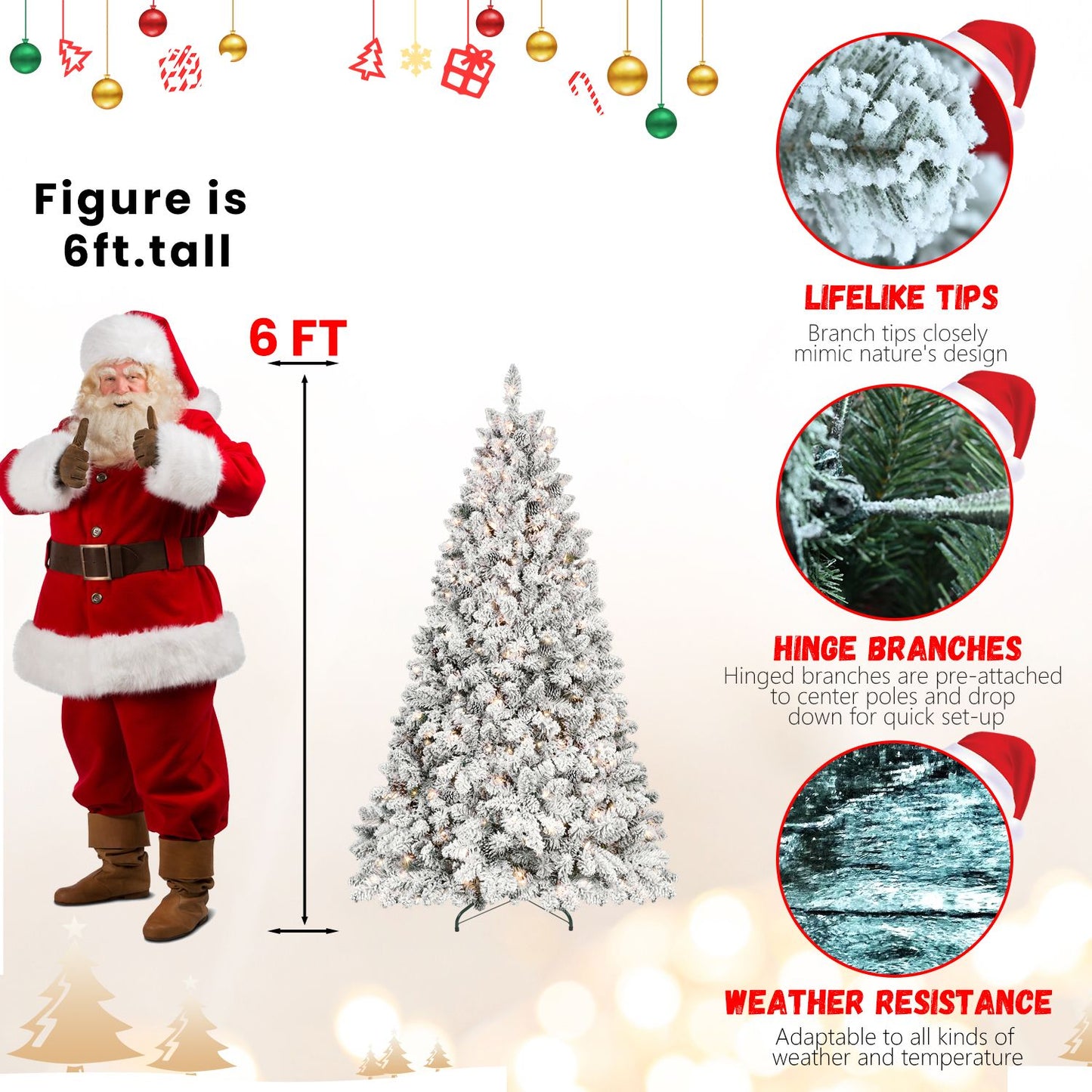 6ft Pre-lit Flocked Christmas Tree with 350 UL Lights & 36 Pine Cones & 888 Tips Snow Frosted Artificial Xmas Tree