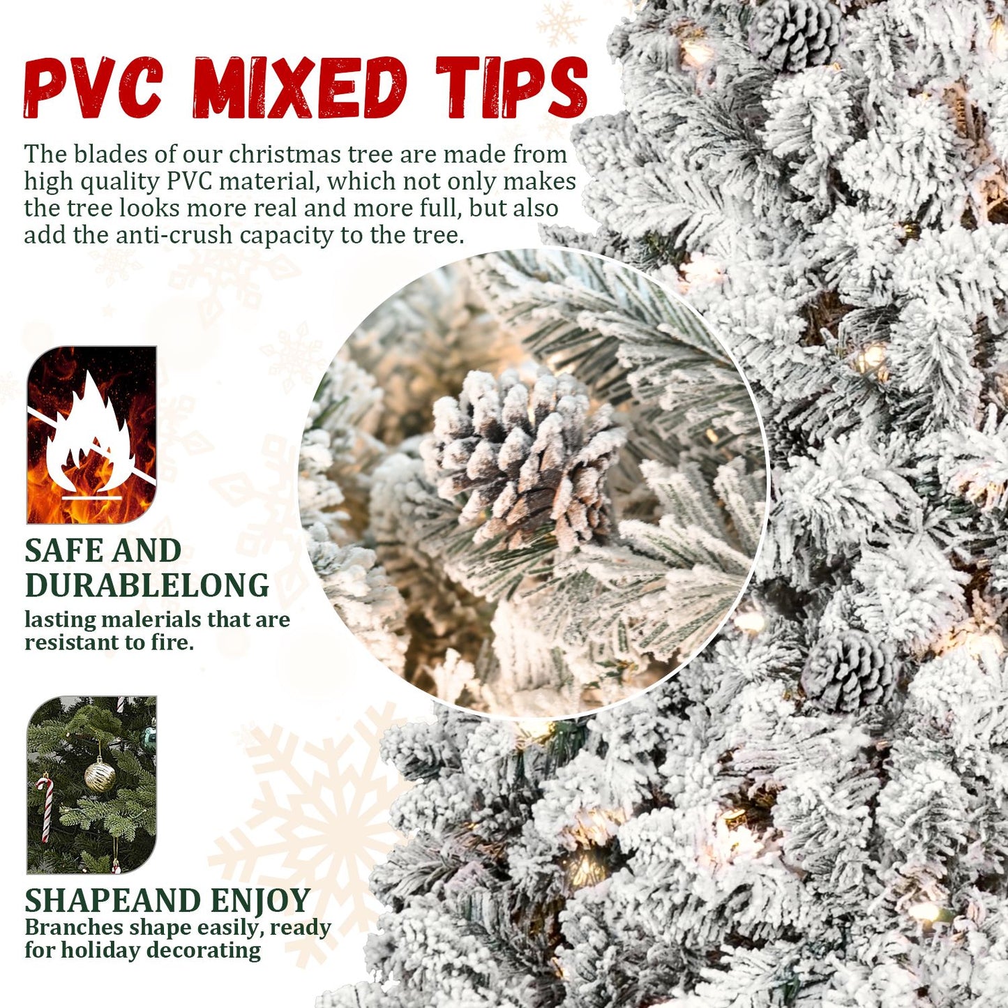 6ft Pre-lit Flocked Christmas Tree with 350 UL Lights & 36 Pine Cones & 888 Tips Snow Frosted Artificial Xmas Tree