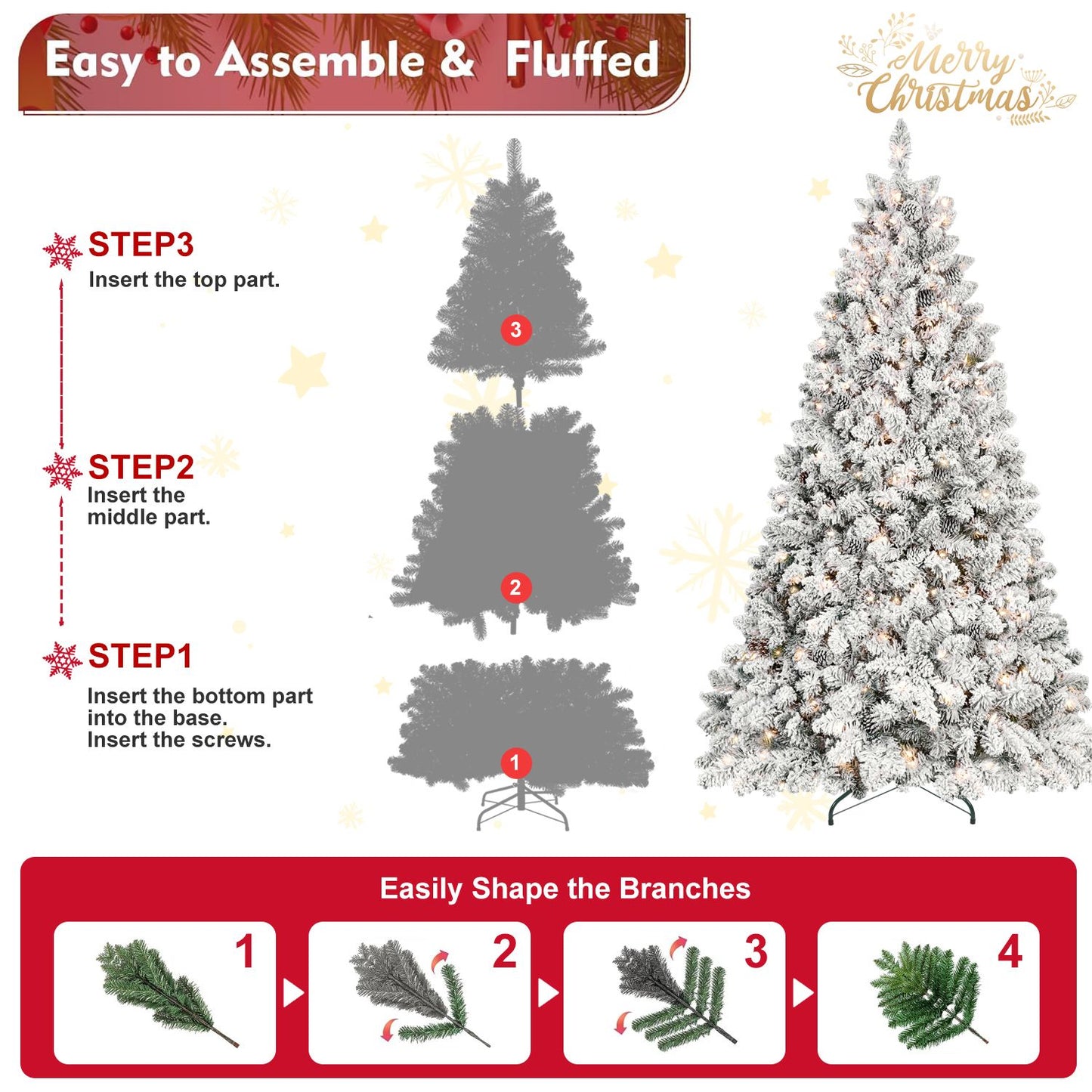 6ft Pre-lit Flocked Christmas Tree with 350 UL Lights & 36 Pine Cones & 888 Tips Snow Frosted Artificial Xmas Tree