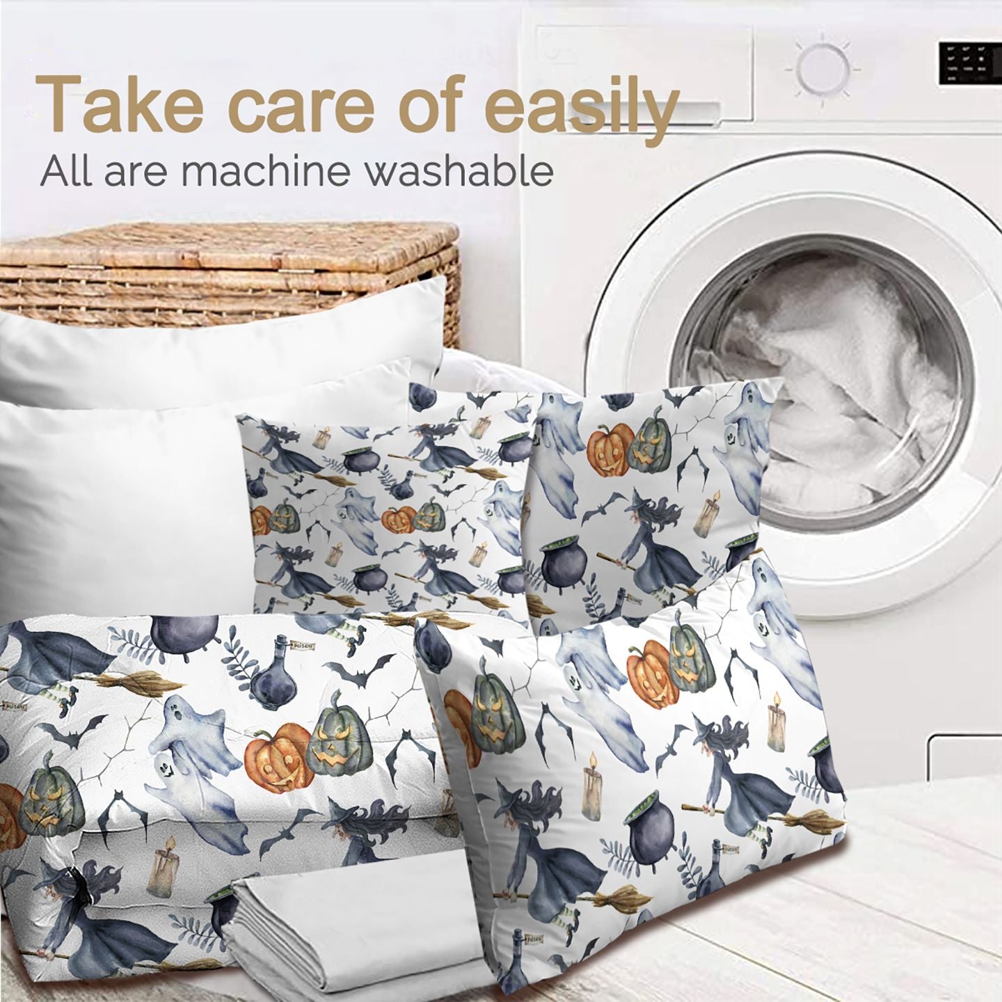 8pcs Halloween Comforter Set, Witch Pattern Bed In A Bag Bedding With Comforter Sheet Sham - 1 Comforter, 2 Pillow Shams, 1 Flat Sheet, 1 Fitted Sheet, 1 Cushion Cover, 2 Pillowcases All season