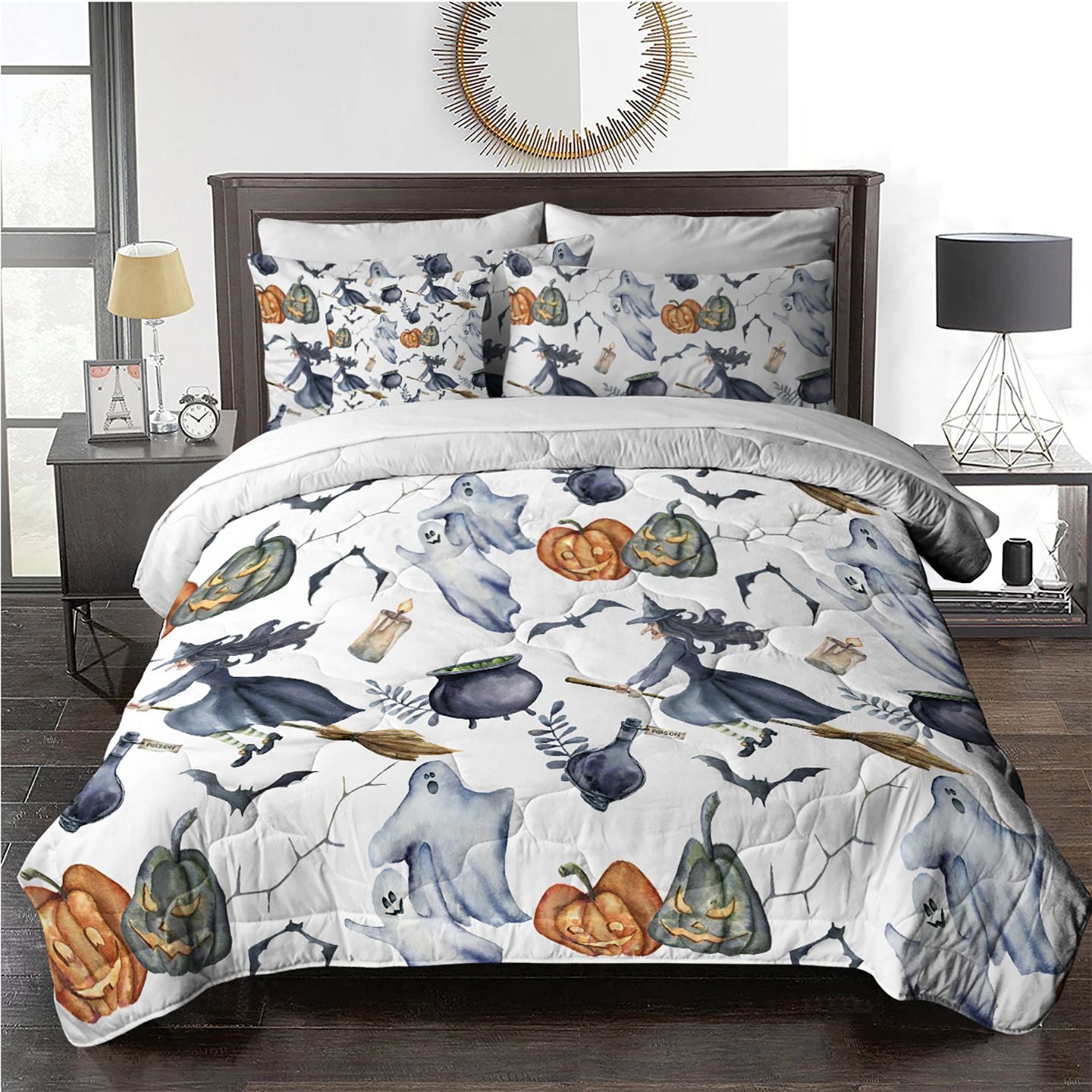 8pcs Halloween Comforter Set, Witch Pattern Bed In A Bag Bedding With Comforter Sheet Sham - 1 Comforter, 2 Pillow Shams, 1 Flat Sheet, 1 Fitted Sheet, 1 Cushion Cover, 2 Pillowcases All season