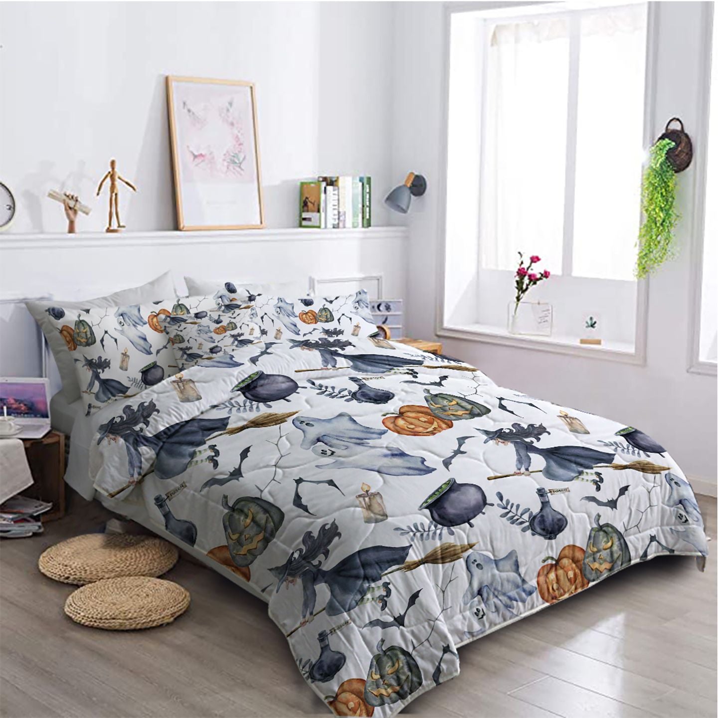 8pcs Halloween Comforter Set, Witch Pattern Bed In A Bag Bedding With Comforter Sheet Sham - 1 Comforter, 2 Pillow Shams, 1 Flat Sheet, 1 Fitted Sheet, 1 Cushion Cover, 2 Pillowcases All season