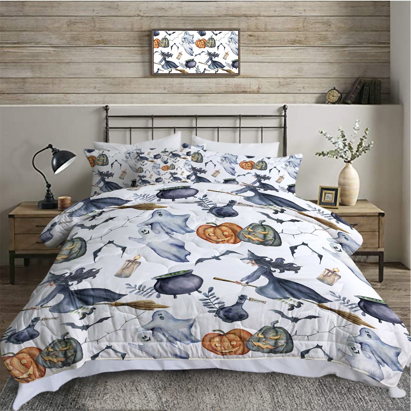 8pcs Halloween Comforter Set, Witch Pattern Bed In A Bag Bedding With Comforter Sheet Sham - 1 Comforter, 2 Pillow Shams, 1 Flat Sheet, 1 Fitted Sheet, 1 Cushion Cover, 2 Pillowcases All season