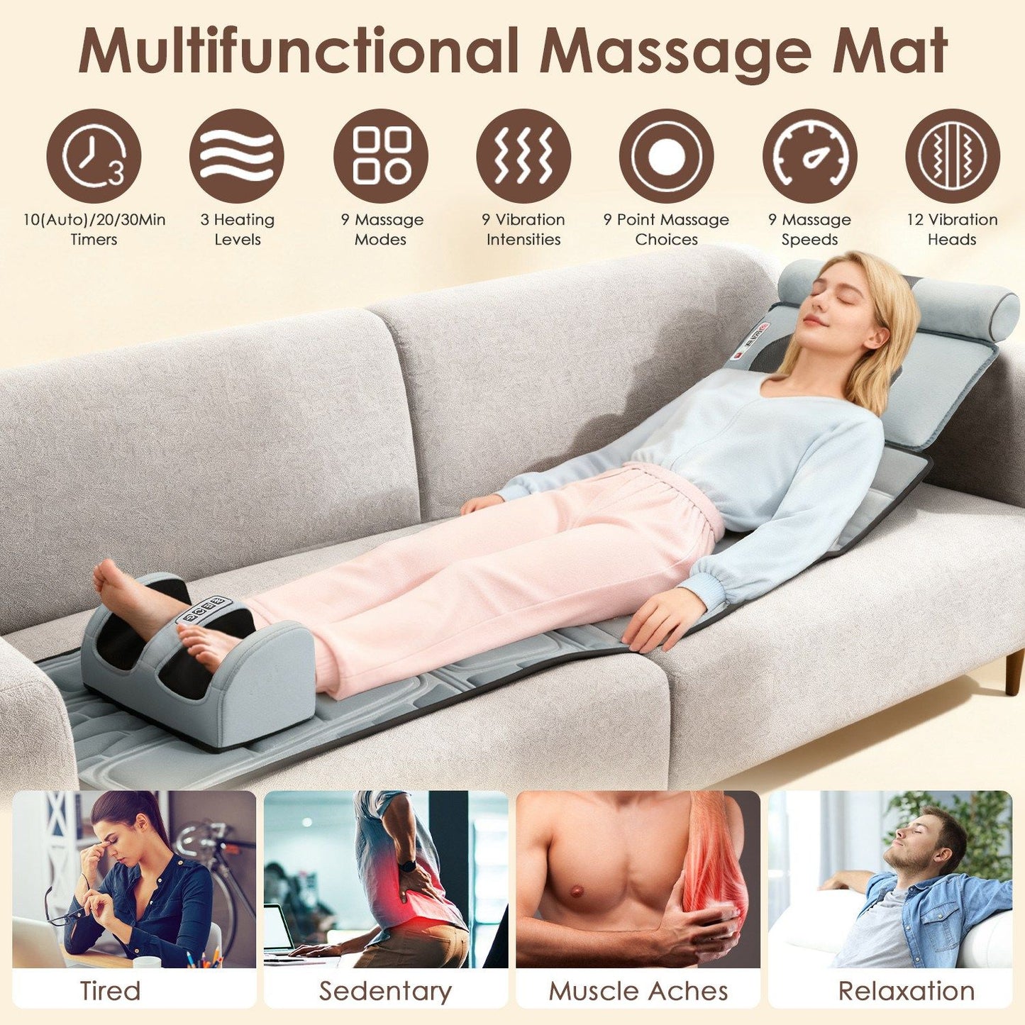9 Modes Full Body Massage Chair Pad with Shiatsu Neck Foot Massagers, Inflatable Lumbar Support, Heat Therapy for Back Hip Leg Pain