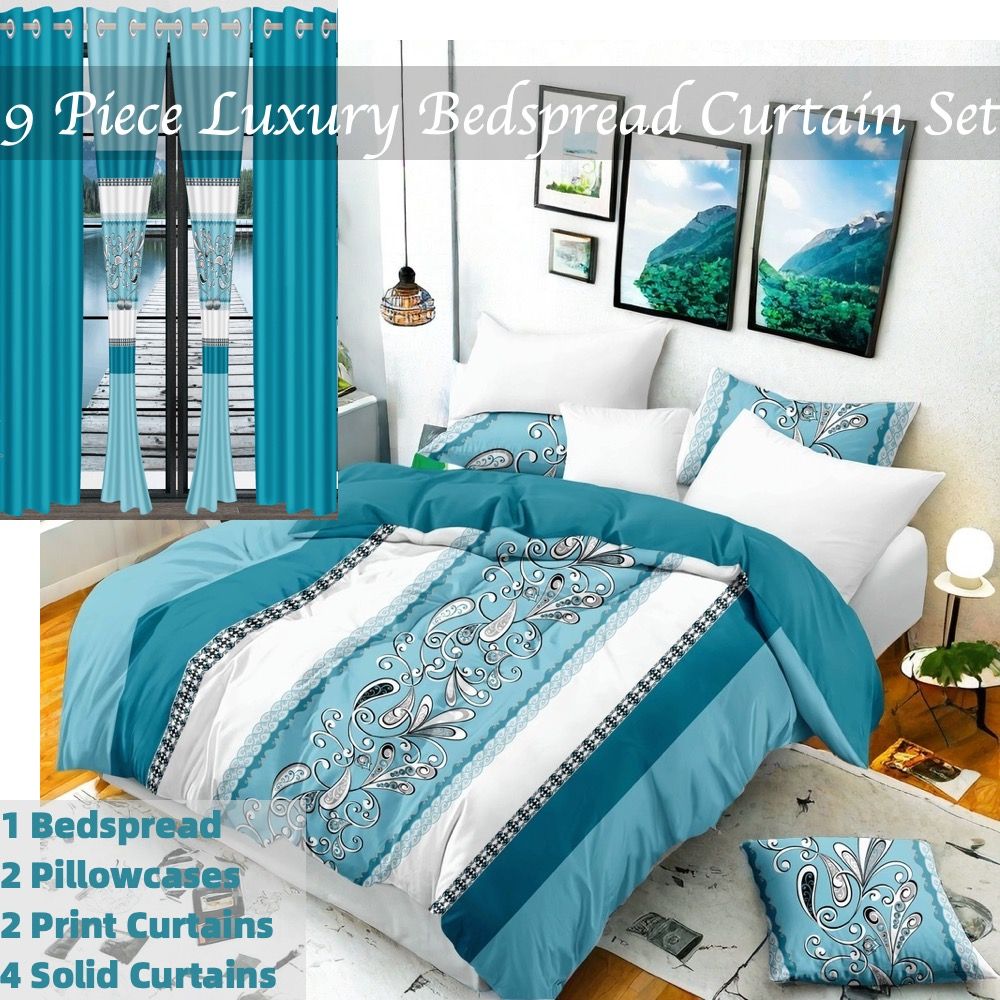 9-Piece Turquoise Paisley Bedding & Curtain Set (Queen/King/Cal King) - Quilted Microfiber Bedspread + Sheer Curtains