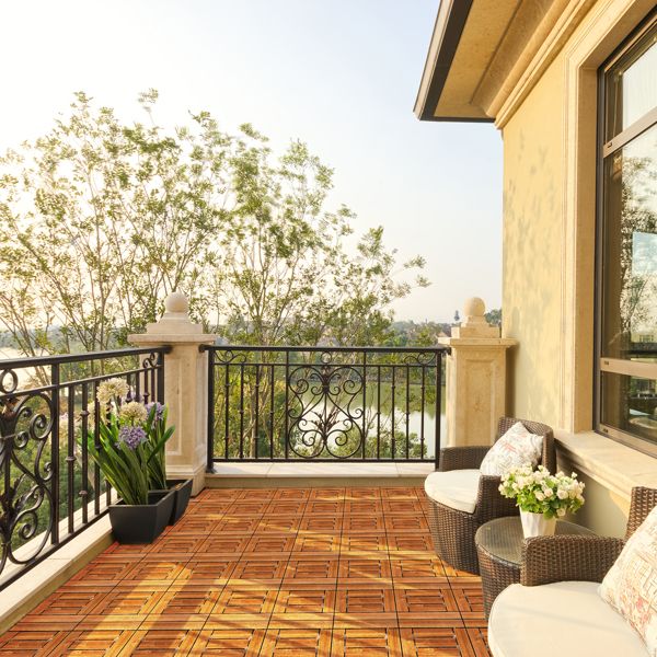 9pcs Wood Interlocking Deck Tiles 11.8"x11.8", Waterproof Flooring Tiles for Indoor and Outdoor, Patio Wood Flooring for Patio Porch Poolside Balcony Backyard, Checked Pattern