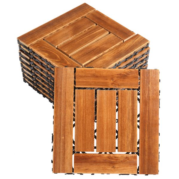 9pcs Wood Interlocking Deck Tiles 11.8"x11.8", Waterproof Flooring Tiles for Indoor and Outdoor, Patio Wood Flooring for Patio Porch Poolside Balcony Backyard, Checked Pattern