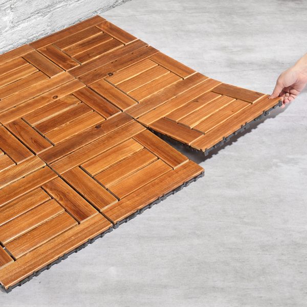 9pcs Wood Interlocking Deck Tiles 11.8"x11.8", Waterproof Flooring Tiles for Indoor and Outdoor, Patio Wood Flooring for Patio Porch Poolside Balcony Backyard, Checked Pattern