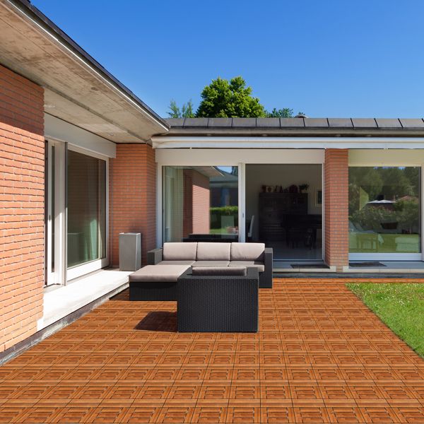 9pcs Wood Interlocking Deck Tiles 11.8"x11.8", Waterproof Flooring Tiles for Indoor and Outdoor, Patio Wood Flooring for Patio Porch Poolside Balcony Backyard, Checked Pattern