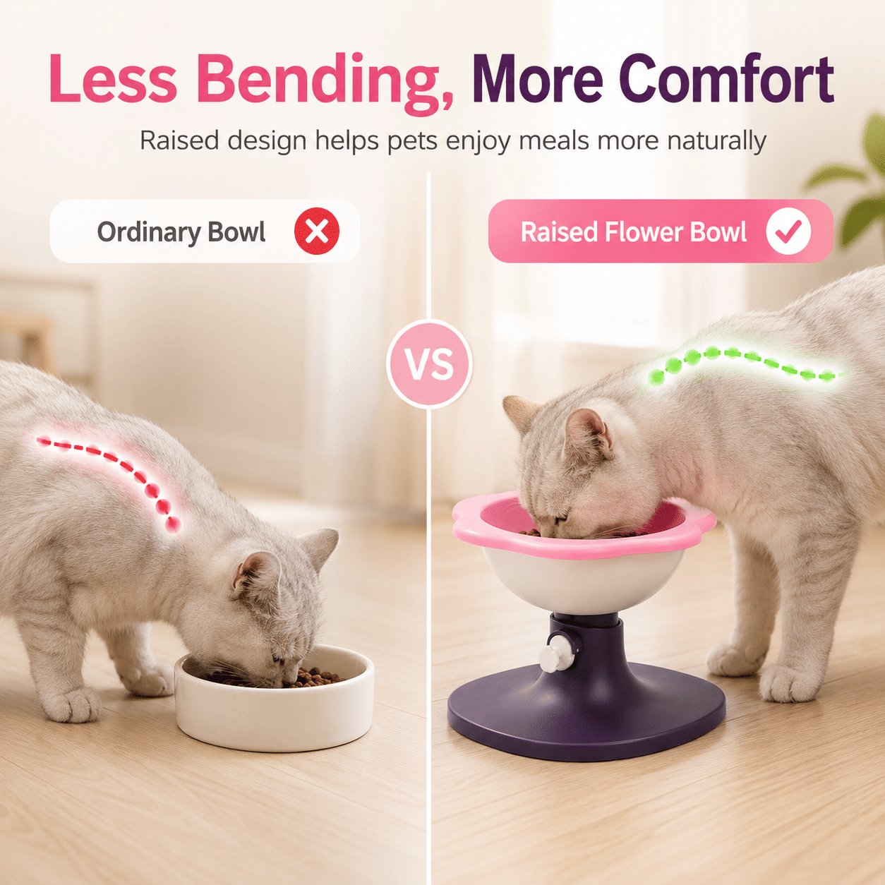 Adjustable Elevated Cat Bowl with Tilted Angle, Whisker-Friendly Raised Pet Feeding Bowl for Cats & Small Dogs, Neck Protection Anti-Slip Feeder