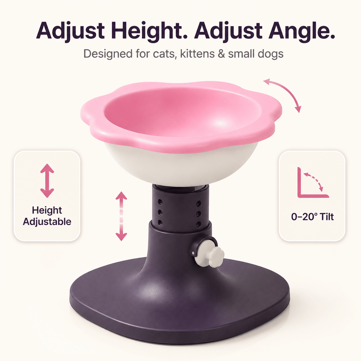 Adjustable Elevated Cat Bowl with Tilted Angle, Whisker-Friendly Raised Pet Feeding Bowl for Cats & Small Dogs, Neck Protection Anti-Slip Feeder