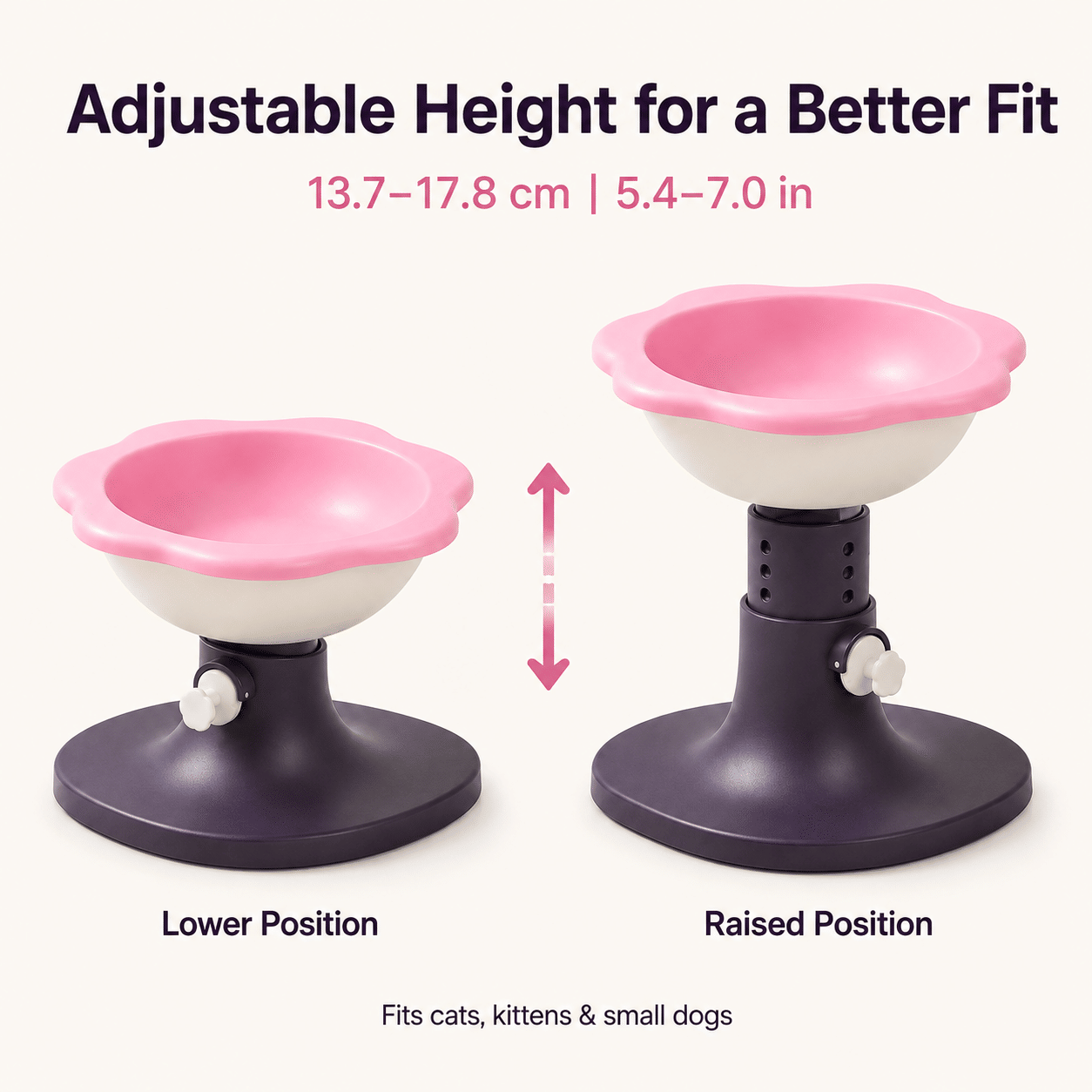 Adjustable Elevated Cat Bowl with Tilted Angle, Whisker-Friendly Raised Pet Feeding Bowl for Cats & Small Dogs, Neck Protection Anti-Slip Feeder