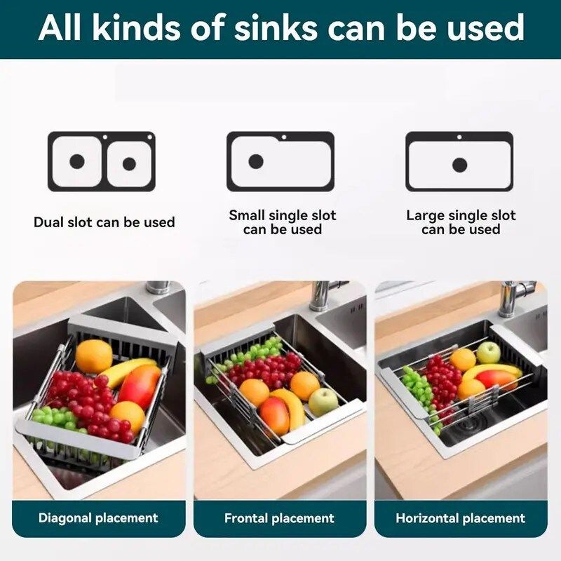 Adjustable Immersion Sink Dish Drying Rack with Stainless Steel Drain Basket - Portable and Retractable Space-Saving Fruit and Vegetable Solution