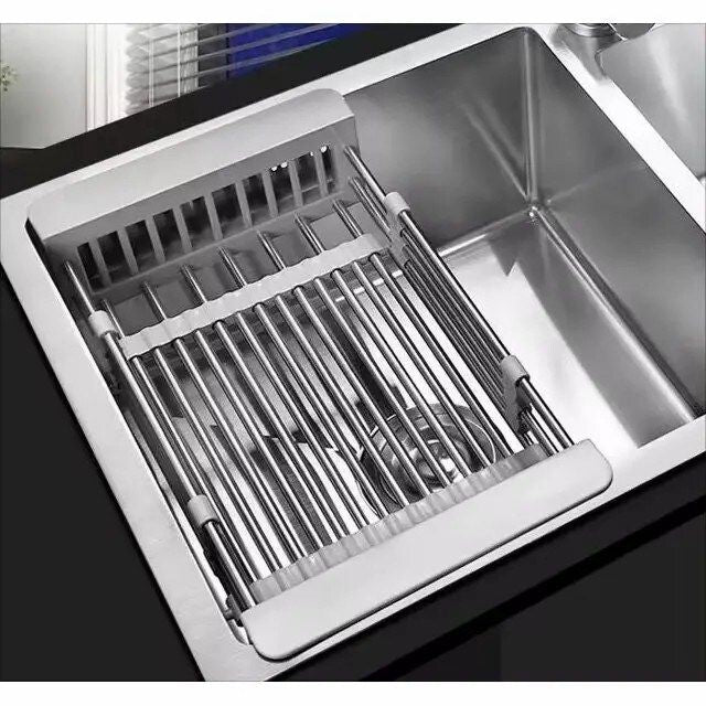 Adjustable Immersion Sink Dish Drying Rack with Stainless Steel Drain Basket - Portable and Retractable Space-Saving Fruit and Vegetable Solution