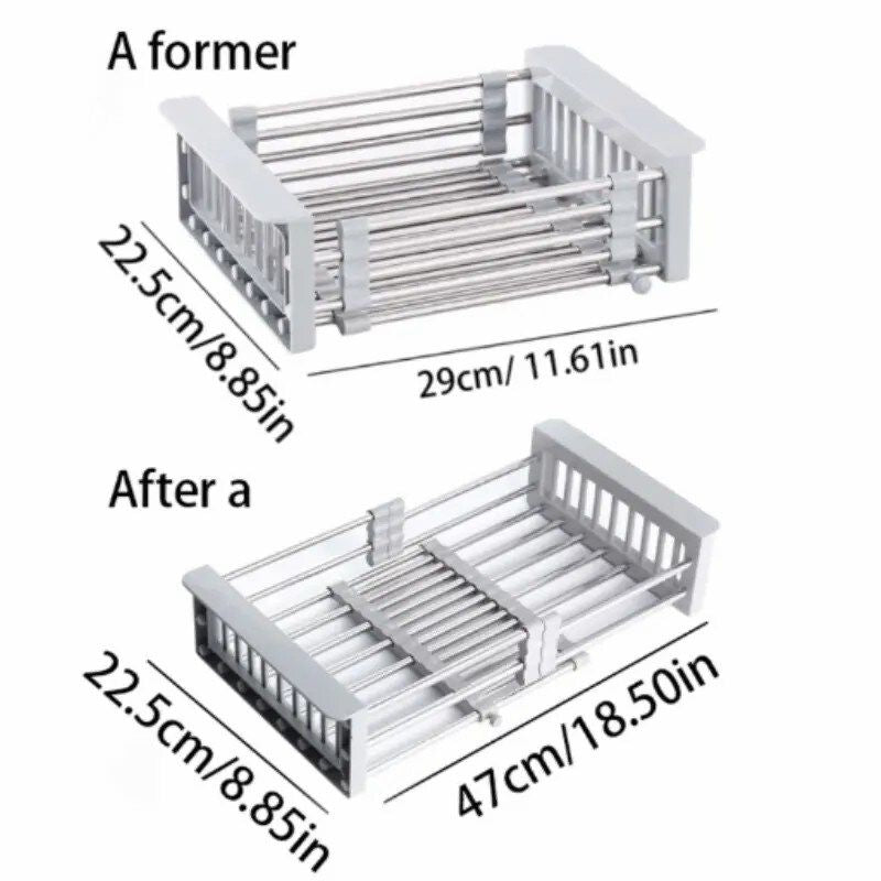 Adjustable Immersion Sink Dish Drying Rack with Stainless Steel Drain Basket - Portable and Retractable Space-Saving Fruit and Vegetable Solution