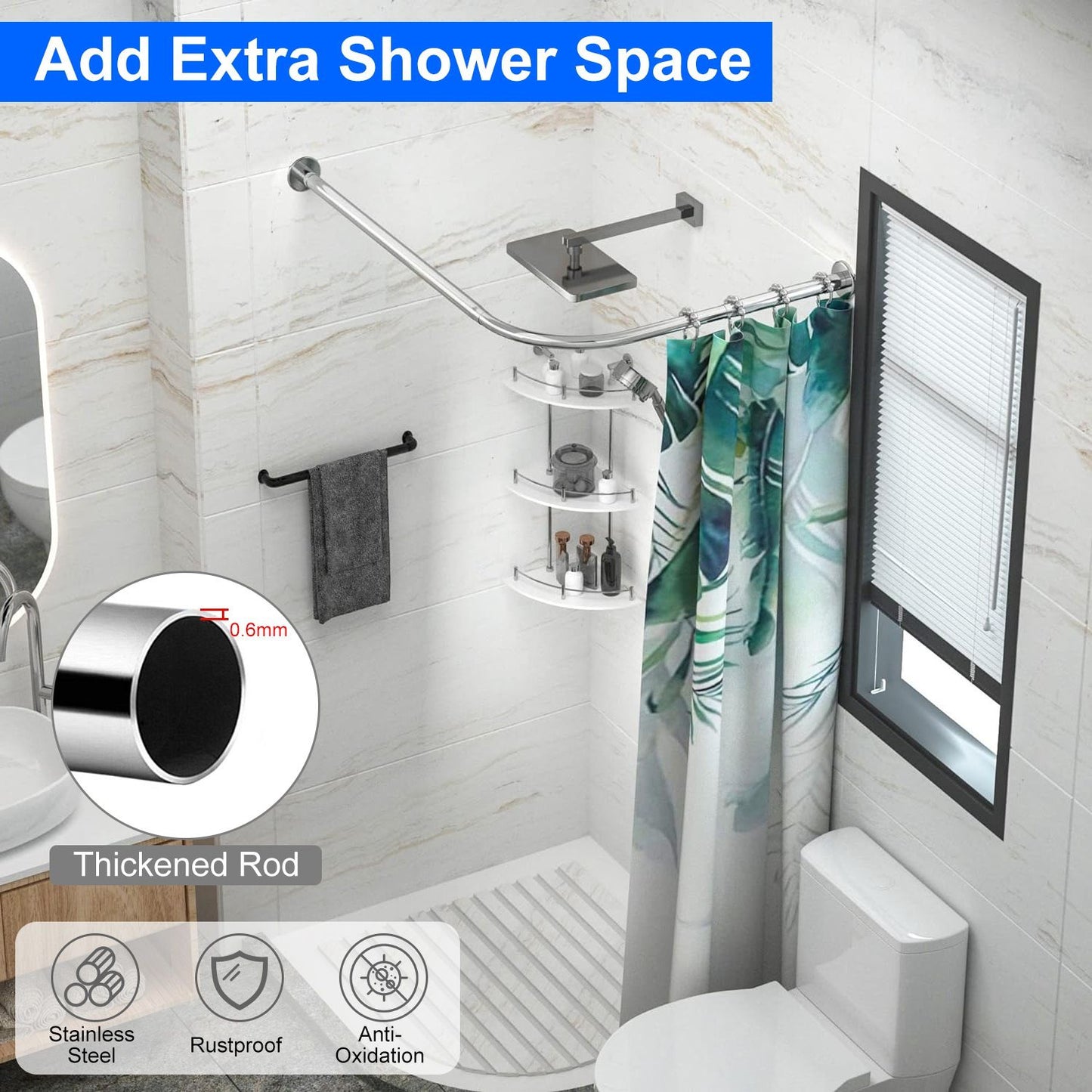 Adjustable L - Shaped Curved Shower Rod, Premium Stainless Steel Rust - Resistant Shower Curtain Rod, Expandable Rod with Extra Shower Space for Bathtub & Shower Stall