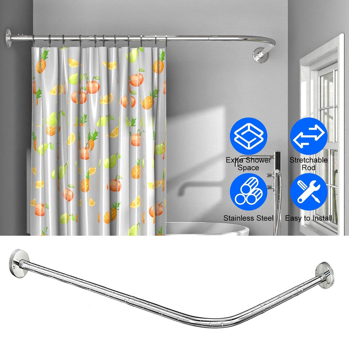 Adjustable L - Shaped Curved Shower Rod, Premium Stainless Steel Rust - Resistant Shower Curtain Rod, Expandable Rod with Extra Shower Space for Bathtub & Shower Stall