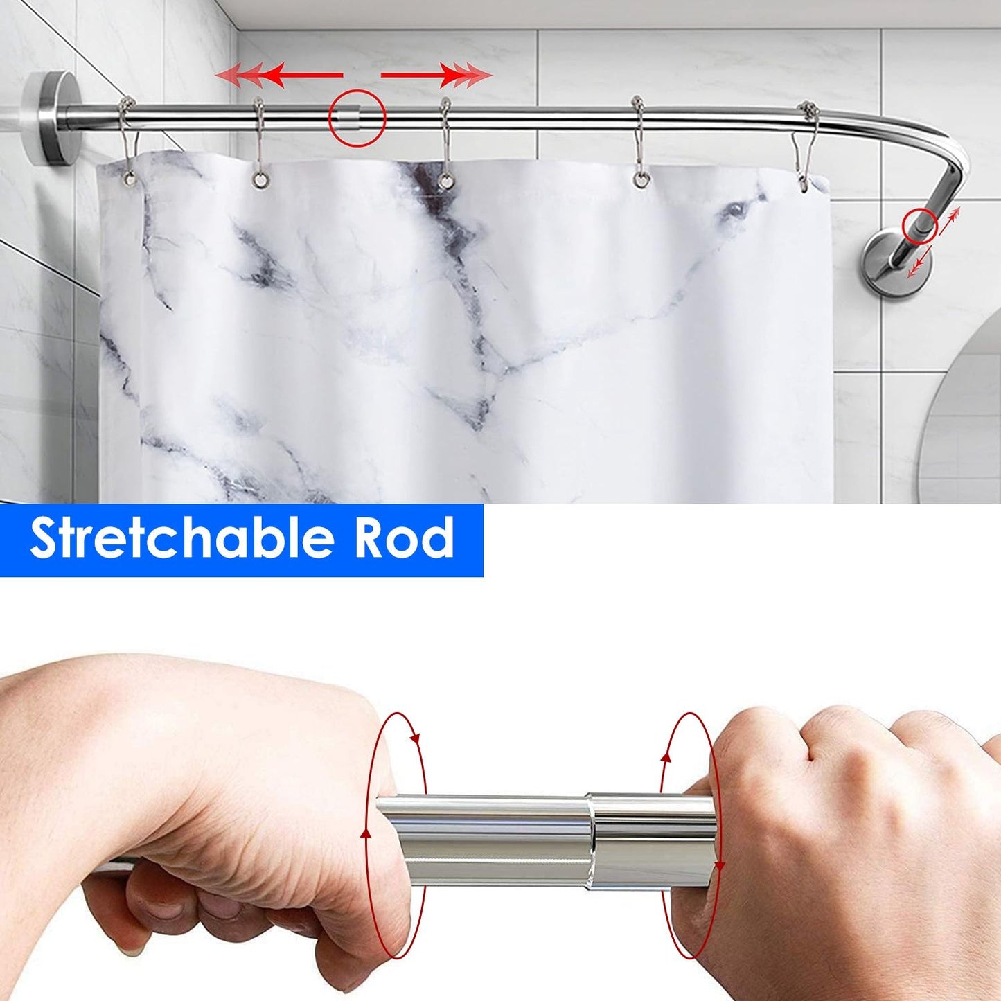Adjustable L - Shaped Curved Shower Rod, Premium Stainless Steel Rust - Resistant Shower Curtain Rod, Expandable Rod with Extra Shower Space for Bathtub & Shower Stall
