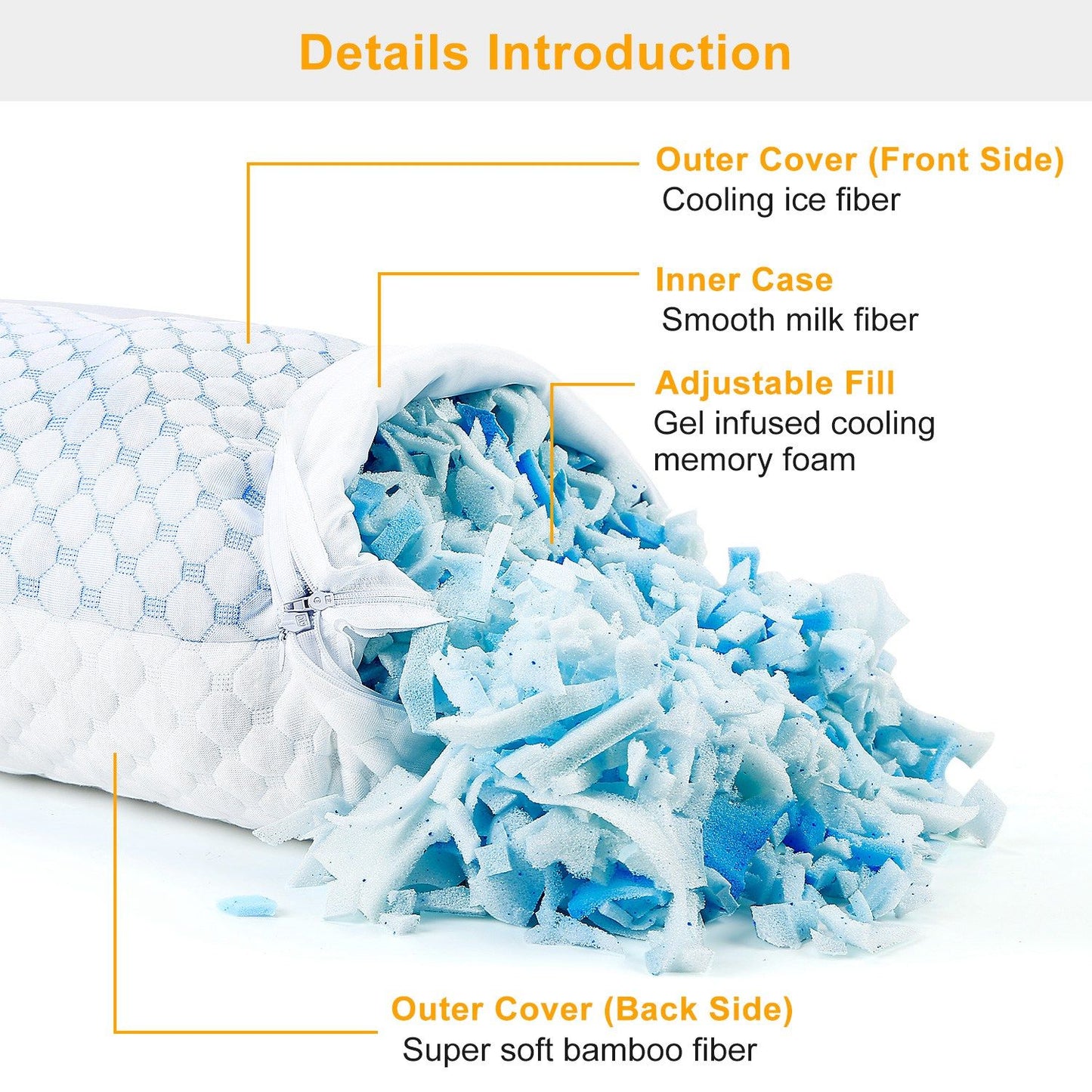 Adjustable, Washable, Breathable Cooling Memory Foam Pillow Ventilated Soft Bed Pillow w/ Cooling Gel Infused Memory Foam Heat Moisture Reducing Cooling Fiber Breathable Machine Washable,