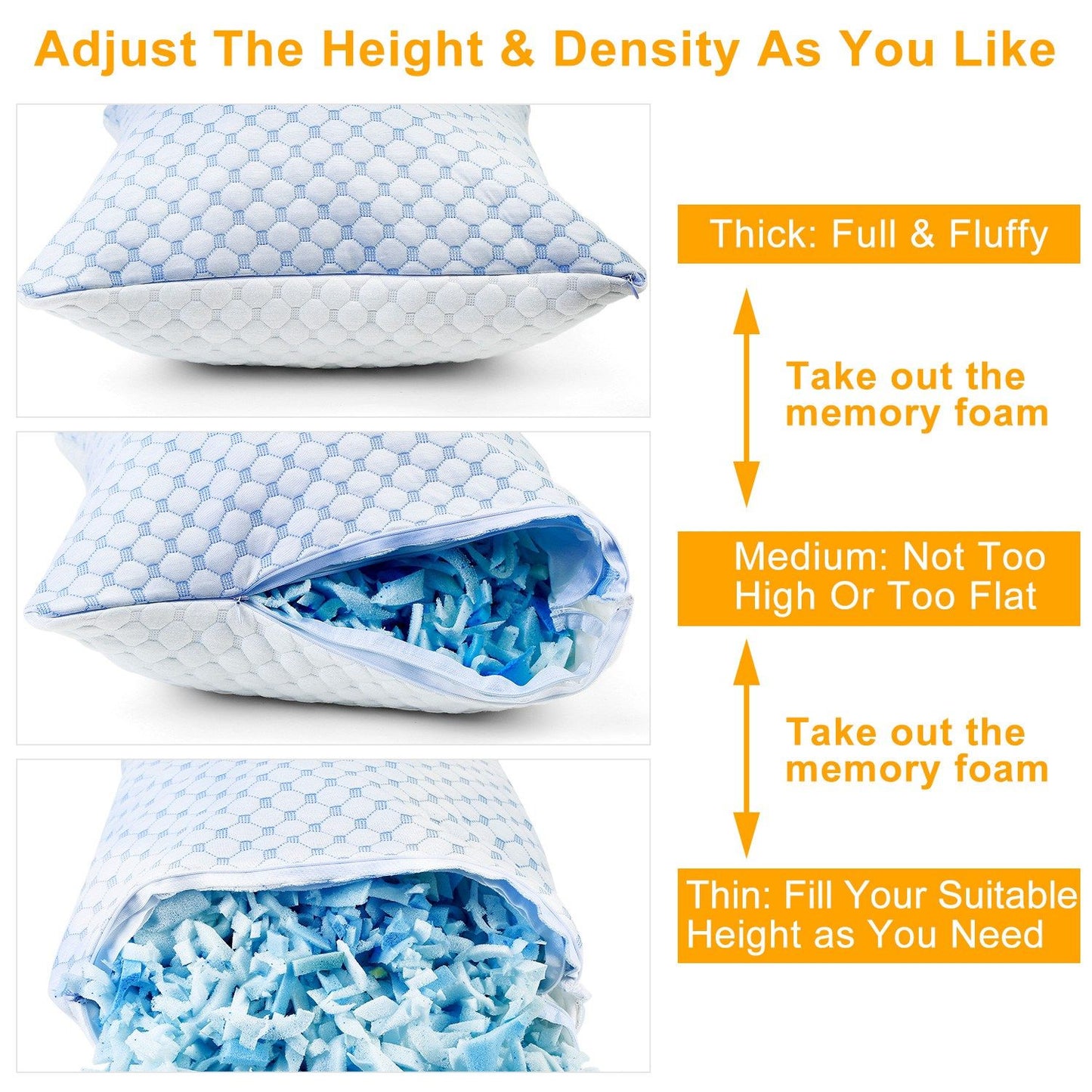 Adjustable, Washable, Breathable Cooling Memory Foam Pillow Ventilated Soft Bed Pillow w/ Cooling Gel Infused Memory Foam Heat Moisture Reducing Cooling Fiber Breathable Machine Washable,