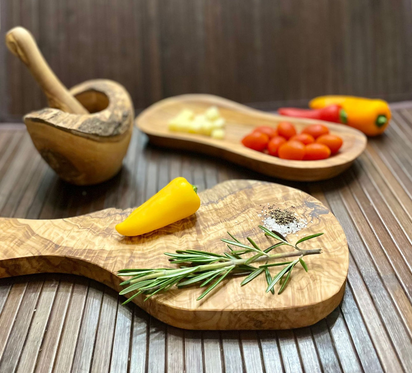 Authentic Mediterranean Olive Wood 4-Piece Kitchen Set - Handcrafted Wooden Mortar and Pestle, Multi-Purpose Serving Bowl, and Durable Cutting Board
