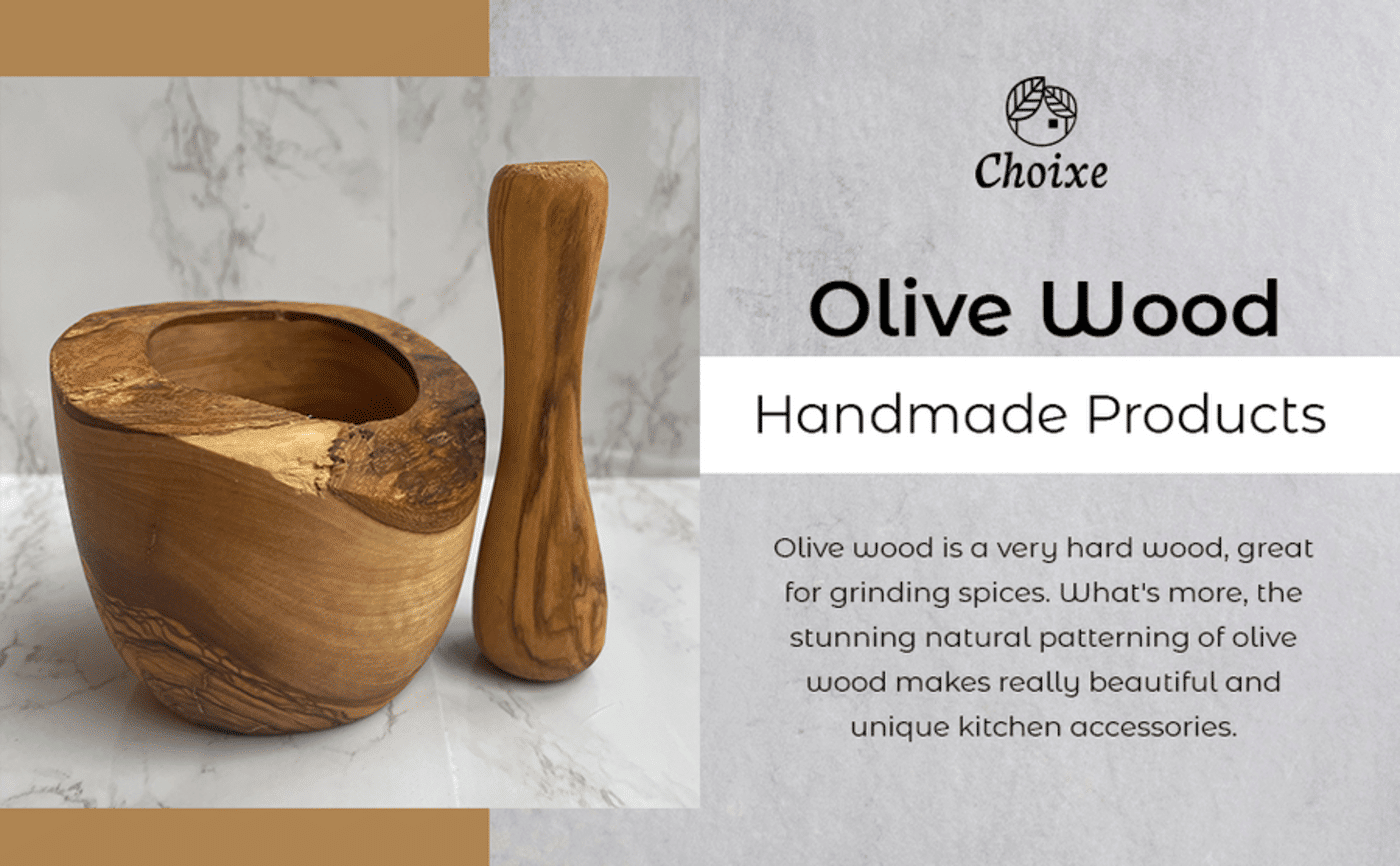 Authentic Mediterranean Olive Wood 4-Piece Kitchen Set - Handcrafted Wooden Mortar and Pestle, Multi-Purpose Serving Bowl, and Durable Cutting Board