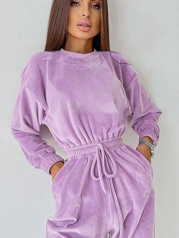 Autumn Elegant Purple Jumpsuit Women O-neck Long-Sleeved High Waist Lace Up Slim Jumpsuits Female Winter Fashion New Lady Romper