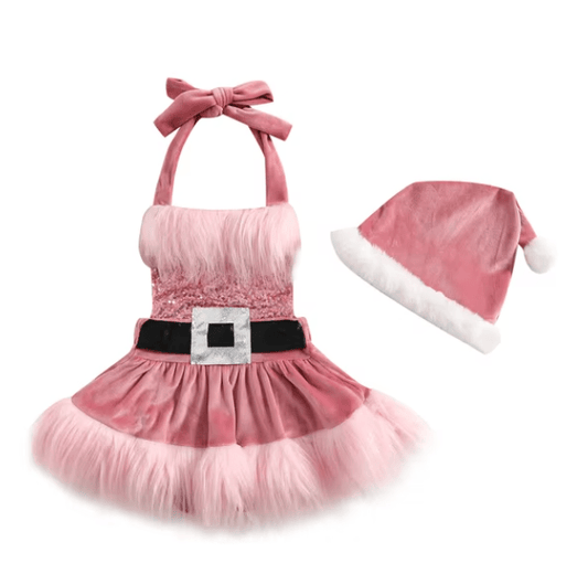 Baby Girls Christmas Romper Dress Sequins White Plush Trim Tutu Jumpsuits with Hat