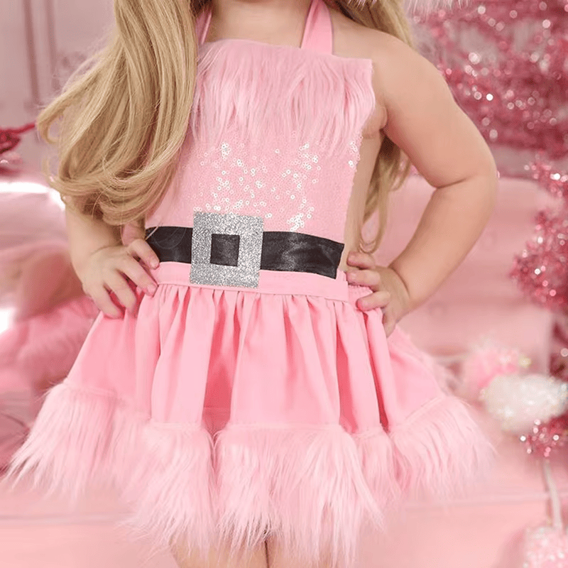 Baby Girls Christmas Romper Dress Sequins White Plush Trim Tutu Jumpsuits with Hat