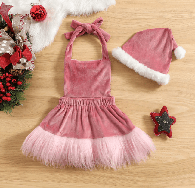 Baby Girls Christmas Romper Dress Sequins White Plush Trim Tutu Jumpsuits with Hat
