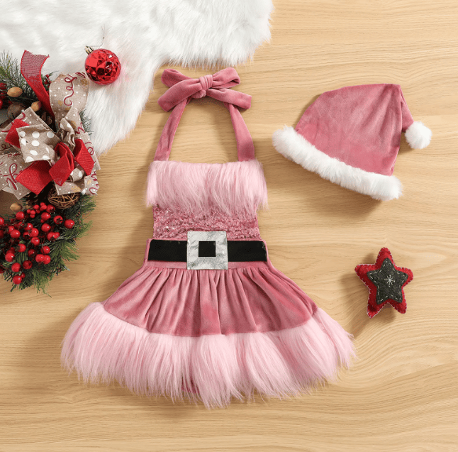 Baby Girls Christmas Romper Dress Sequins White Plush Trim Tutu Jumpsuits with Hat