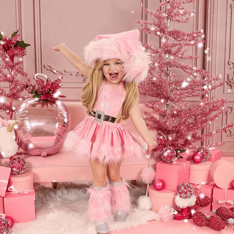 Baby Girls Christmas Romper Dress Sequins White Plush Trim Tutu Jumpsuits with Hat
