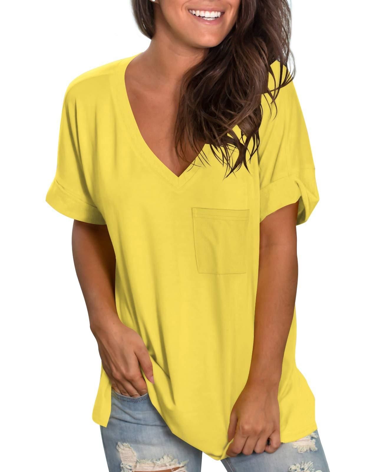 Basic Tee Shirts for Women Tshirts Loose Fit V Neck Tops Summer Side Split Yellow L